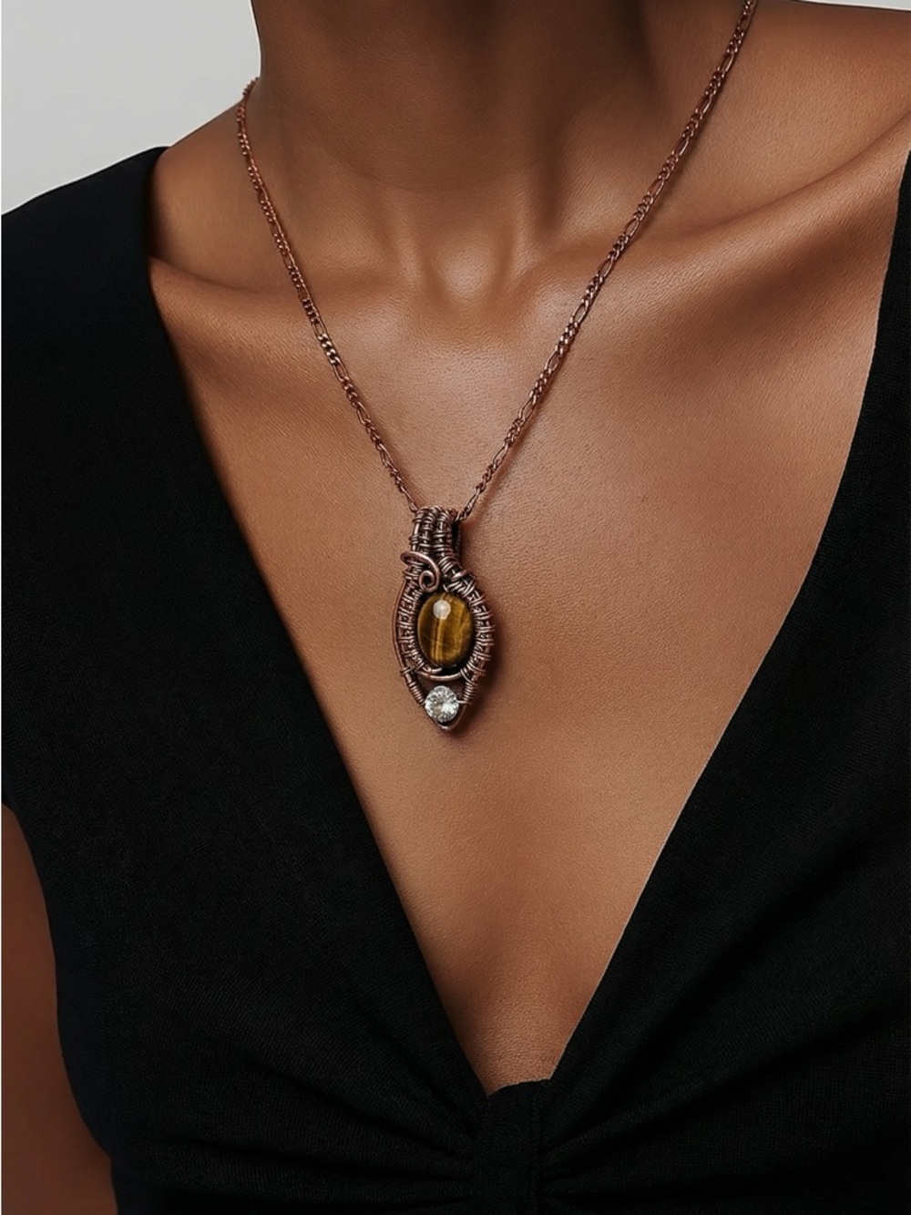 Hand Wrapped Tiger’s Eye & Crackle Quartz Artisan Copper Wire Wrapped Necklace